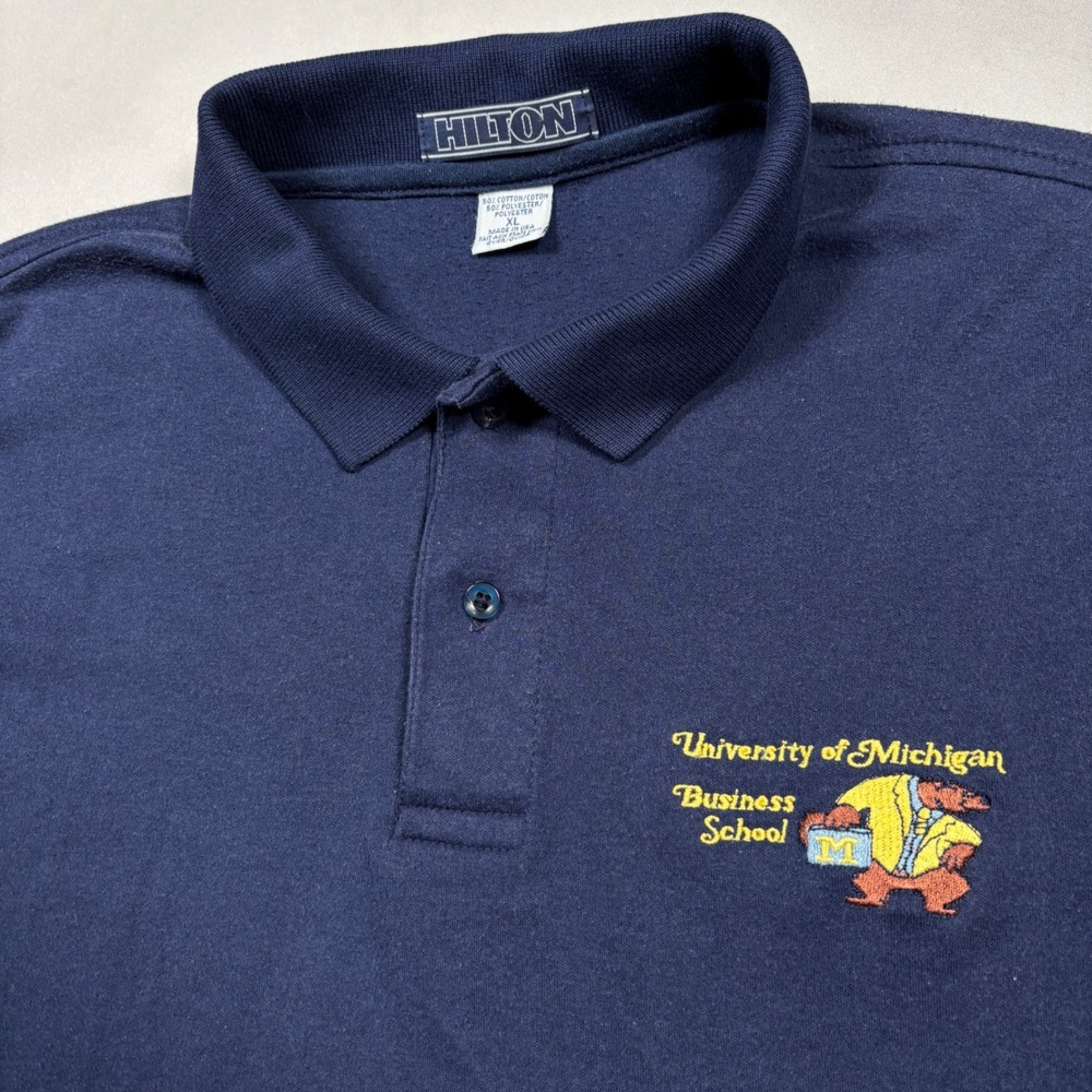 Hilton Polo Shirt Men XL Navy Blue University of Michigan‎ Business School VTG